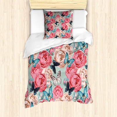 Produktbild von ABAKUHAUS Schmetterling Mantele, Peony Rose Schmetterlinge, Milbensicher Allergiker geeignet mit Kissenbezügen, 135 cm x 200 cm - 80 x 80 cm, Mehrfarbig