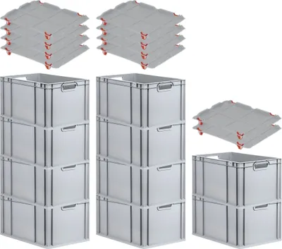 Produktbild von SparSet 10x Eurobox NextGen Economy mit Auflagedeckel und 4x Schiebeschnappverschlüsse Rot | Griffe offen | HxBxT 32x40x60cm | 65 Liter | Eurobehälter, Transportbox, Transportbehälter, Stapelbehälter
