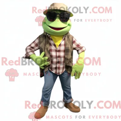 Produktbild von Limettengrüner REDBROKOLY Frosch-Maskottchen-Kostümcharakter mit Flanellhemd und Sonnenbrille