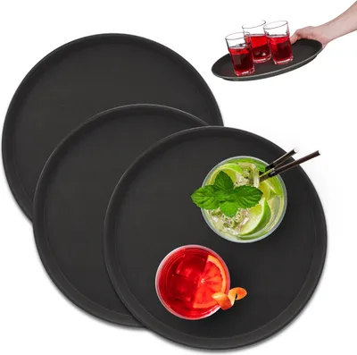 Image de Lot de 3 plateaux de service Relaxdays, ronds, Ø 35 cm, plateaux de bar, surface antidérapante, plateaux de serveur pour la restauration, noir