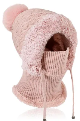 Immagine prodotto di Berretto invernale da donna con sciarpa e maschera per il viso, berretto termico in maglia a balaclava con fodera in pile, color rosa