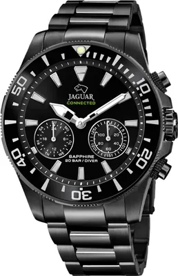 A black Jaguar Connected chronograph watch with a black dial and metal bracelet, shown from a diagonal angle.