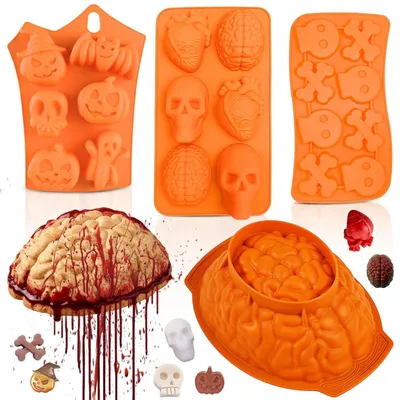 Immagine prodotto di Set di 4 stampi in silicone per torte a tema Halloween: cervello, zucca, teschio, pipistrello, colore giallo