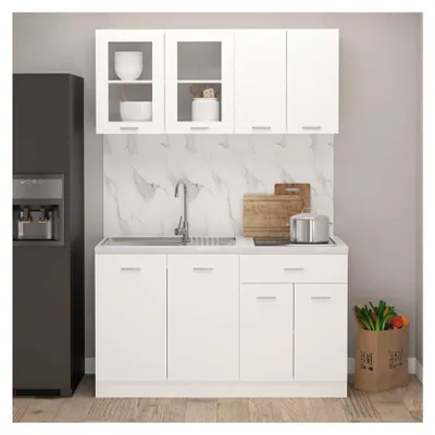 Produktbild von 4-teiliges Küchenzeilen-Set mit Küchenschrank, Einbauküche, Küchenblock, Hängeschrank, Spülenunterschrank und Schubunterschrank in Weiß aus Holzwerkstoff