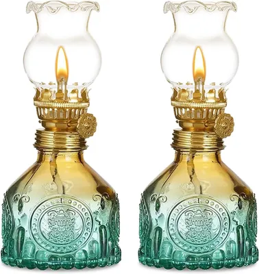 Immagine prodotto di 2 lampade a petrolio in vetro, adatte per interni, stile vintage, con fiamma regolabile, lampade a petrolio retrò per emergenze
