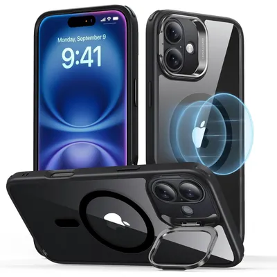 Image de Coque de protection pour iPhone 16, compatible MagSafe et avec support intégré, couleur noire transparente