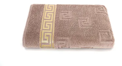 Produktbild von Luxus Medusa Saunatuch 100x200 cm - Beige / Hell Braun - feinste Ringgarn Baumwolle / Jacquard Webung / Hochflor Frottee mit Medusa Flachprägung und goldener Medusa Bordüre