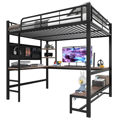 Produktbild von Hochbett mit Eckschreibtisch, LED-Streifen, Regal und USB+Typ-C, 140x200 cm, Metallbett mit Rausfallschutz