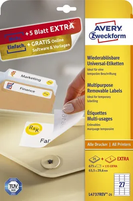 Image de Avery Zweckform L4737REV-25 Étiquettes universelles, 63,5 x 29,6 mm, 25 feuilles/675 étiquettes, blanc