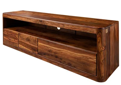 A wooden TV stand with drawers and an open shelf.