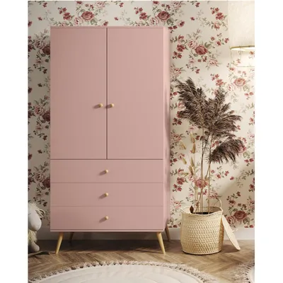 Produktbild von NATURA Kleiderschrank 100cm (3 Schubladen + Kleiderstange) Pastellrosa Boho Echtholz Buche Soft-Close