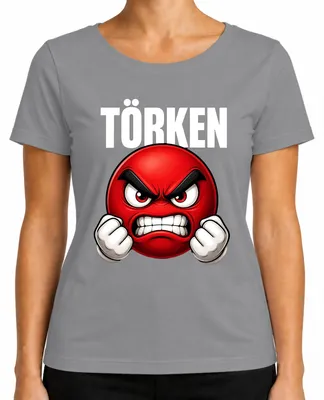 Produktbild von TÖRKEN wütender Emoji rot geballte Fäuste Comic Damen T-Shirt roter Smiley Comic grunge, Grau, M