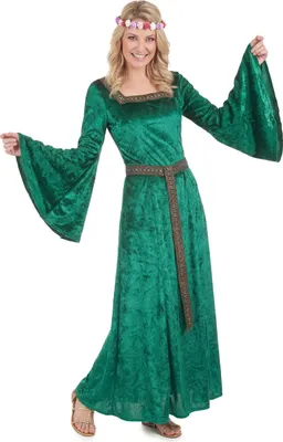 A woman is posing in a green medieval-style dress.