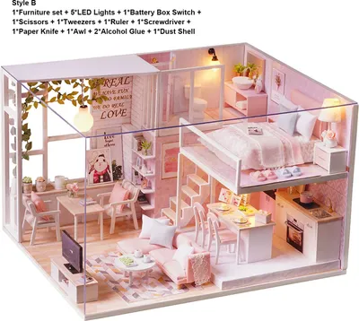 Zdjęcie produktu dla Zestaw do samodzielnego montażu miniaturowego domku dla lalek Drewniany, ręcznie składany zestaw zabawek Model małego domku z meblami i oświetleniem LED Prezent dla dziewczynek