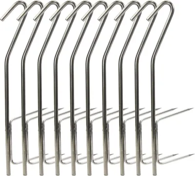 A set of ten metal smoking hooks arranged in a row against a white background.