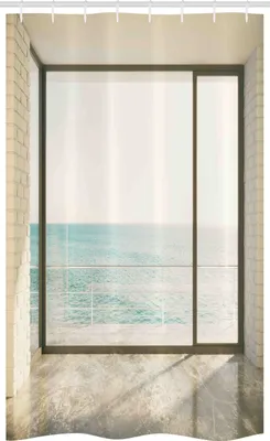 Produktbild von ABAKUHAUS Weiß Schmaler Duschvorhang, Küstenszene Ocean View, Badezimmer Deko Set aus Stoff mit Haken, 120 x 180 cm, Blassblau Weiß