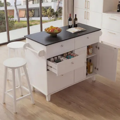 Zdjęcie produktu dla Wyspa kuchenna HWC-P62 z 2 stołkami, szafka kuchenna szuflady schowki MDF 90x131x47cm ~ biały, wygląd czarnego marmuru
