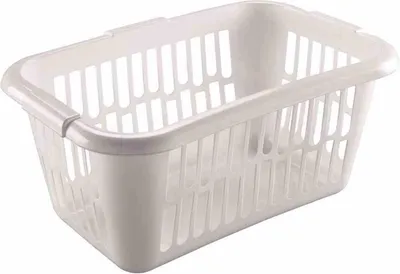 A white laundry basket shown from a diagonal angle.