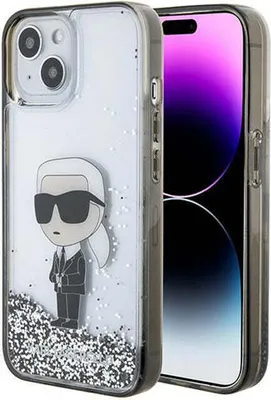 A Karl Lagerfeld iPhone case with a glitter liquid design and a cartoon figure of Karl Lagerfeld is shown next to an iPhone.