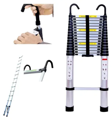 Produktbild von 6,2 m Aluminium Teleskopleiter mit abnehmbarem Haken, ausziehbar, klappbar, rutschfeste Stufen, Multifunktionsleiter, Trittleiter, 150 kg Tragfähigkeit