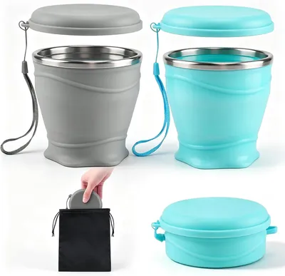 Imagen del producto de Vasos de silicona plegables de 260 ml, sin BPA, con tapa, juego de 2 unidades, ideales para llevar
