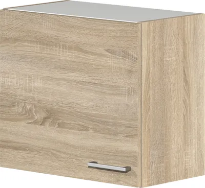 A single kitchen cabinet with a wood grain finish and a silver handle.