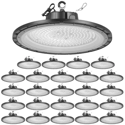 Produktbild von VEVOR 10er Pack LED Hochbayleuchten, 5000K 200W 30000LM Superhelle UFO LED Lager- und Werkstattlichter, IP65 wasserdicht, 100-277V breiter Spannungsbereich für Lager, Werkstatt, Fabrik, Fitnessstudio, Garage, Scheune, Schwarz, 21000 lm/20 Stk