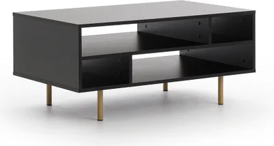 A black media console with gold legs on a white background.