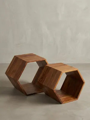 Produktbild von Beistelltisch 2er Set Sheesham Massivholz Design Wohnzimmertisch, Couchtisch-Set massiv, Designer Satztisch Wohnzimmer, Kleiner Sofatisch Holz, Ablagetisch Sofa klein