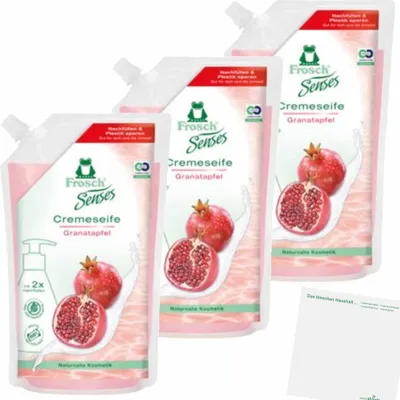 Produktbild von Frosch Flüssigseife Granatapfel Nachfüllpackung 3er Pack (3x500ml Flasche) + usy Block