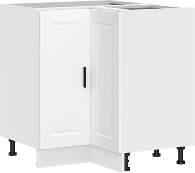 A white corner kitchen cabinet unit on a white background.