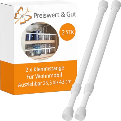 Produktbild von 2 x Klemmstange für Wohnmobile & Küche – Ausziehbare Schrankstange mit Gummikappen Stauraum ohne Bohren, 25,5–43 cm