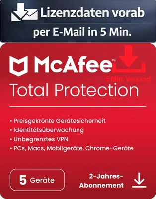 Produktbild von McAfee Total Protection (5 Device - 2 Jahre) ESD Antivirus Sicherheit 5 Min. Versand als Download per Mail