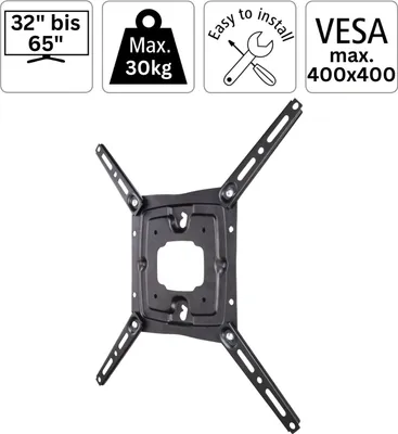 A black TV wall mount bracket is shown against a white background, with informational icons above.