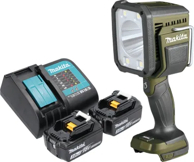 A Makita cordless work light, two batteries, and a charger are displayed against a white background.