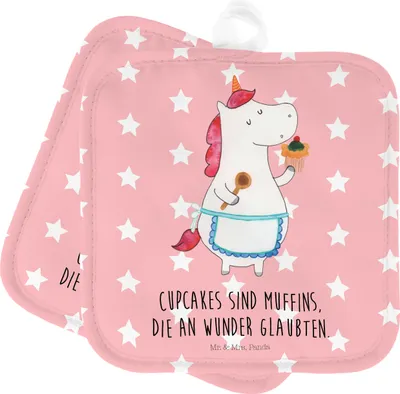 Produktbild von Mr. & Mrs. Panda Topflappen Einhorn Küche - Rot Pastell - Geschenk, Topfuntersetzer, Unicorn, Backen, Träumen, topfhalter, Topflappenset, Kochlappen, Kuchen, Muffin, Set