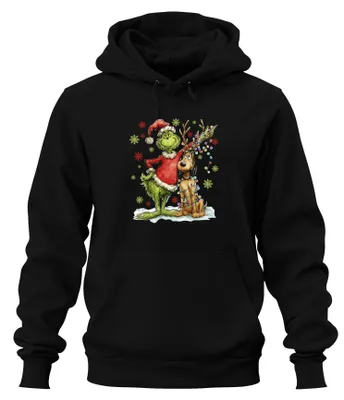 Produktbild von Grinch Weihnachten Rentier Lichterkette Schneeflocken Hoodie Kapuzenpullover, Schwarz, S