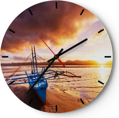 Produktbild von Wanduhr - Rund - Glasuhr - Ufer Boot Strand - 40x40cm - Schleichendes Uhrwerk - Lautlos - zum Aufhängen bereit - Dekoration Modern - Wanddekoration aus Glas - C3AR40x40-3905