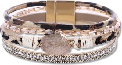 Produktbild von Frauen Manschette Armreif Vier Schichten Faux Kristall Strass Retro Kunstleder Magnetverschluss Mädchen Wickelarmband Modeschmuck Geschenk
