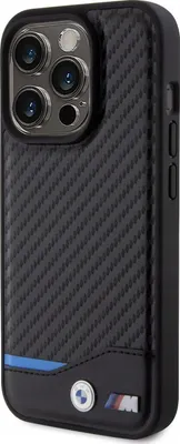A black iPhone case with a carbon fiber texture and BMW M branding.