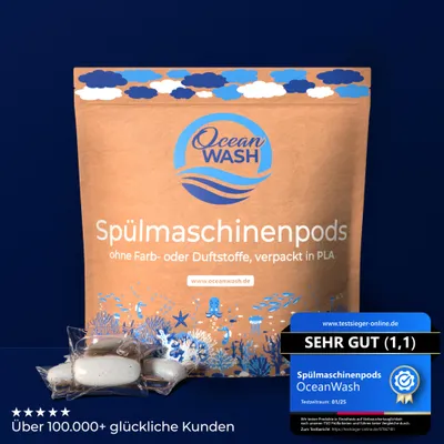 Produktbild von OceanWash Spülmaschinenpods 64 Spülgänge ohne gefährliche Chemikalien, duftstofffrei, farbstofffrei, phosphatfrei, biologisch abbaubar in PLA verpackt