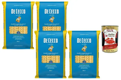 Produktbild von De Cecco Italian Gourmet Bundle 4 x De Cecco Fusilli Lunghi Bucati n.5 500 g + Italian Gourmet Polpa, italienische Pasta aus Hartweizengrieß, 2 kg Vorratspack, lange Spiralnudeln für Sauce, Ofengerichte