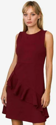 Produktbild von Damen figurbetontes Stretch Kleid Rot mit U-Boot-Ausschnitt, Volant, knielang