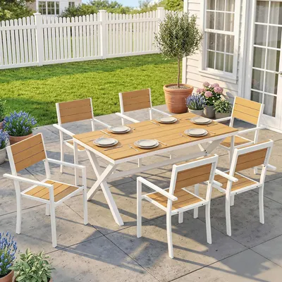 Produktbild von Gartenmöbel Set Sitzgruppe 7-teilig Tisch mit 6 stapelbare Stühlen Holzoptik Aluminiumrahmen Teak