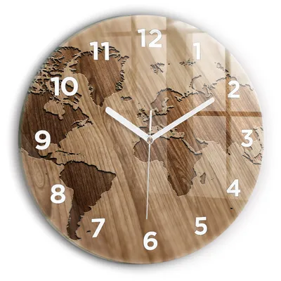 Produktbild von Wallfluent Wanduhr – Stilles Quarzuhrwerk - Uhr Dekoration Wohnzimmer Schlafzimmer Küche - Zifferblatt - weiße Zeiger - 30 cm - Weltkarte auf Holz