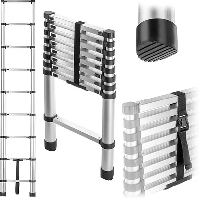 Imagen del producto de Escalera telescópica de aluminio, con 9 peldaños, extensible hasta 2,6 metros, capacidad de carga de 125 kg, plegable y con pies antideslizantes