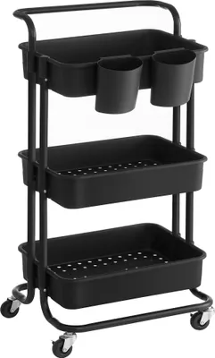 Produktbild von Rollwagen, 3 Ebenen, Servierwagen, 2 Bremsen, Ablagefächer aus Kunststoff, schwarz
