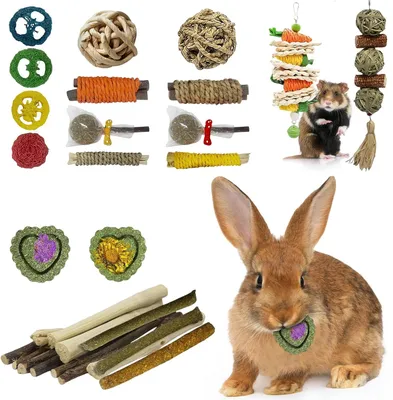 Productafbeelding van Kauwspeelgoed voor konijnen en cavia's, uit natuurlijk hout en hooi, tandverzorging, voor de kooi