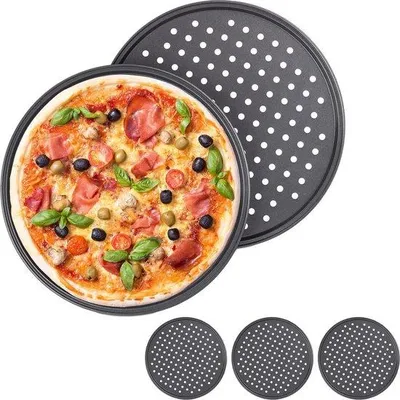 Produktbild von Famanu Pizzabackblech Set 5 Stück mit Löchern Ø 29,5 cm für Pizza und Flammkuchen - Backblech aus Stahl in Antrazit