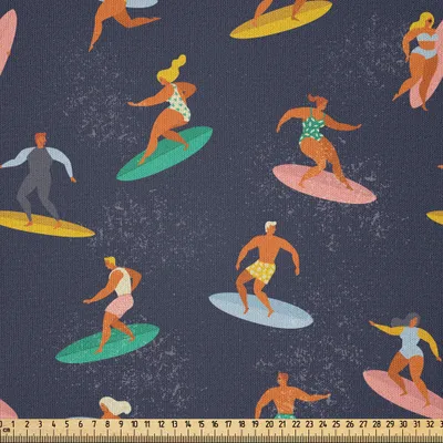 Produktbild von ABAKUHAUS Surfbrett Microfaser Stoff als Meterware , Multitude Continuous Cartoon Surfer Menschen Verwittert Zusammensetzung, 3 M (230 x 300 cm), Dark Indigo und Mehrfarbig